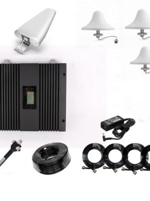 WSC-4B1000 booster kit with Yagi antenna, indoor ceiling panel, cables, and power adapter – 4-band 1000㎡ coverage
